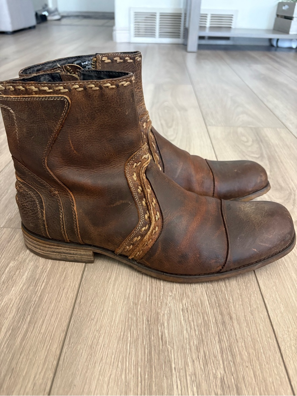 Bed Stu RevolutionMen's Size 12 Brown Leather Ankle Boots Rustic Stitched Trim